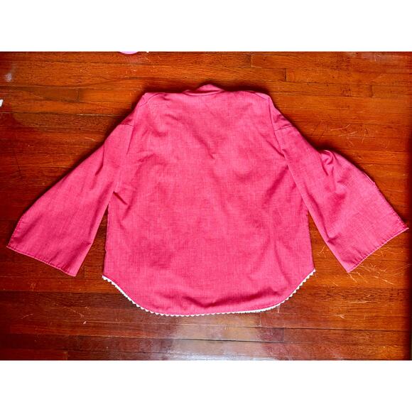 Vintage 70’s Little House Creation Red White Appliqué Whimsy Blouse Large Hippie - Picture 2 of 6